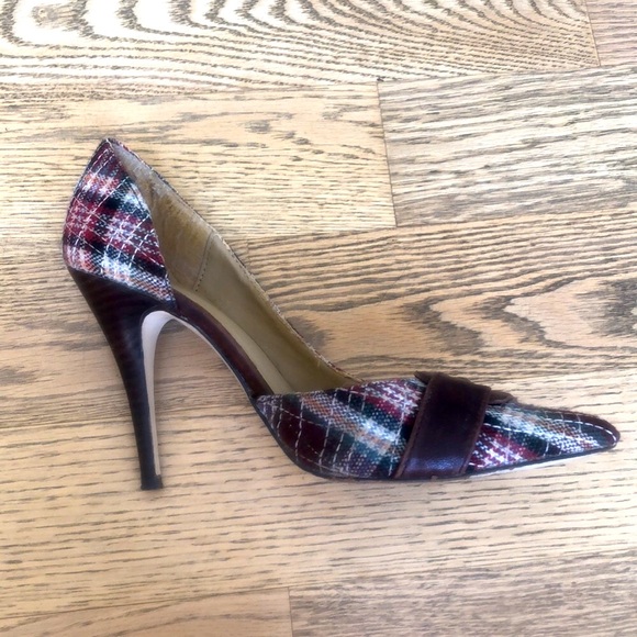 Plaid pump d’orsay pointed pointy toe stiletto dress buckle shoe vintage leather - Picture 4 of 14